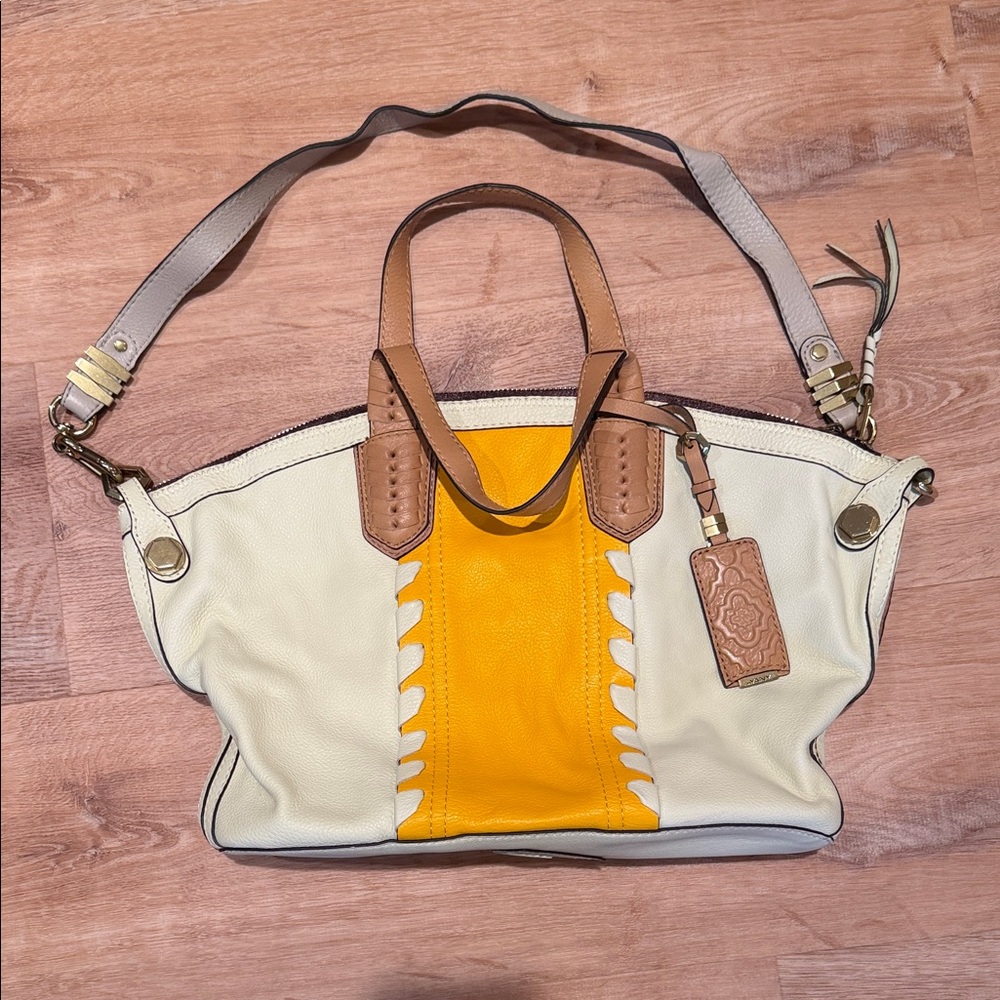 ORYANY Leather Tote with Yellow Accent and Tan Handles